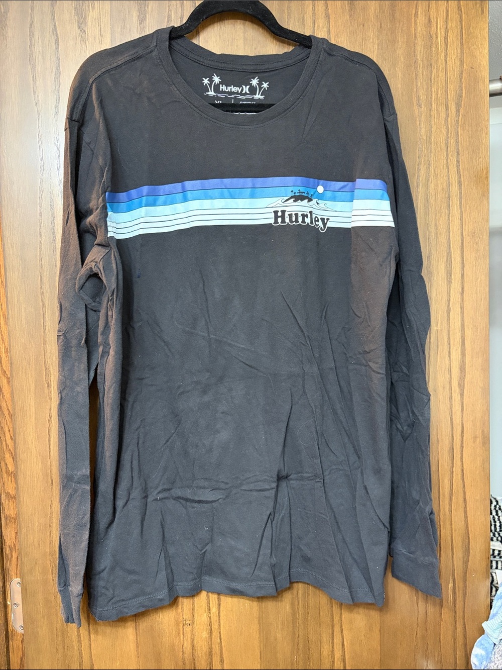 Hurley Black Long-Sleeve Tee with Blue Gradient Stripe
